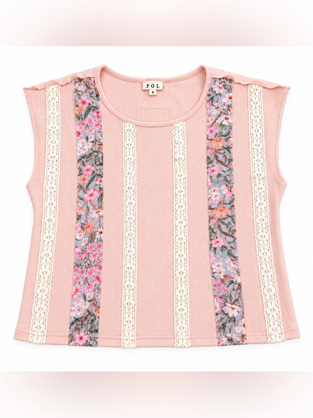 POL Pink Floral-Panel Short Sleeve Top